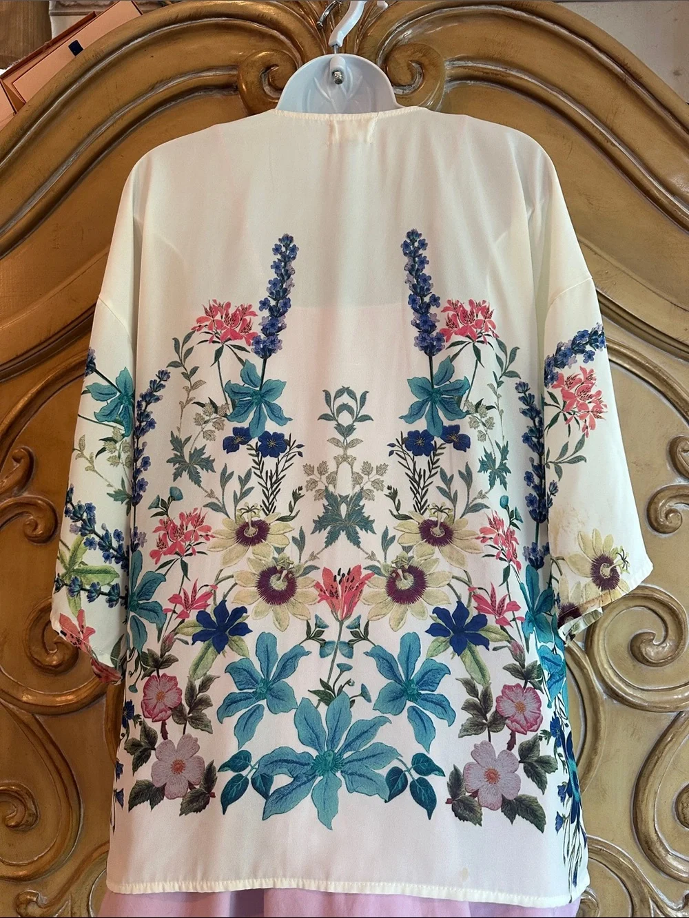 Floral Embroidered Kimono Cardigan — Cream with Multicolor Flowers